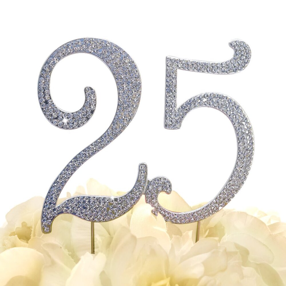 Rhinestone Cake Topper - Number 25- Silver Metal with Czech Rhinestones